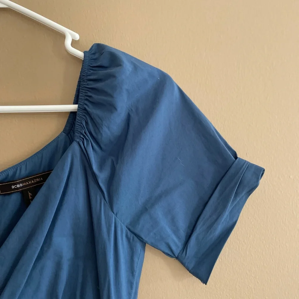 BCBG Steel Blue Shirt Sleeved On or Off the Shoulder Dress. Size 0 - Picture 4 of 9